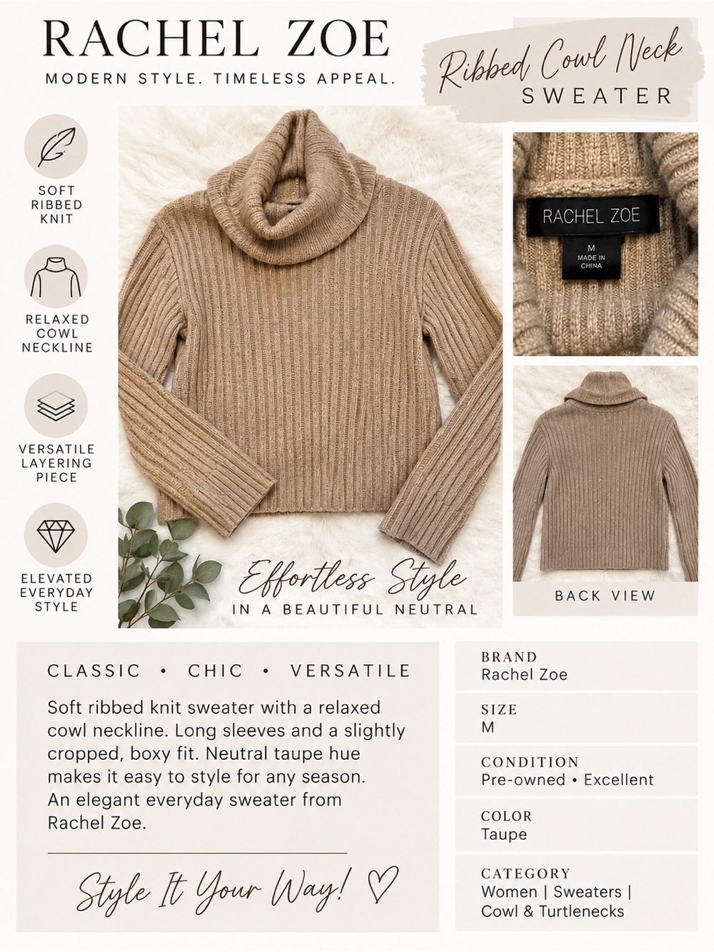 Rachel Zoe Taupe Ribbed Cowl Neck Sweater Size M
